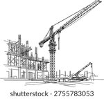A black and white sketch of a construction site featuring a crane and a building framework