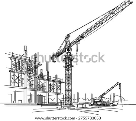 A black and white sketch of a construction site featuring a crane and a building framework