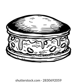 Black and white sketch of a cookie sandwich dessert with cream filling, showcasing detailed textures and layers of the treat.