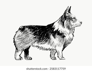 Black and white sketch of a Corgi dog. Detailed Corgi illustration.  in profile. Artistic drawing. with fluffy fur and short legs. Cute dog illustration vector.