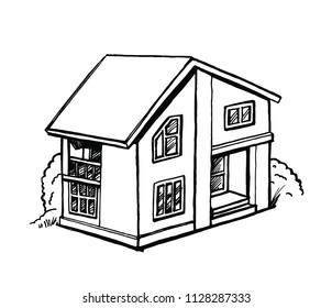 Black and white sketch of a cottage perspective, on white background. Ink hand drawn vector illustration. Two-storey house with landscaping. Graphic image