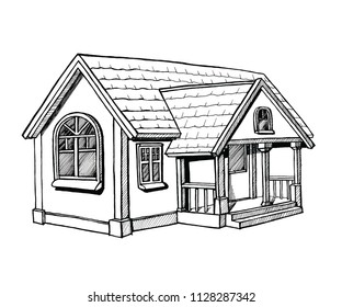 Black and white sketch of a cottage perspective, on white background. Ink hand drawn vector illustration. One-storey house with landscaping. Graphic image