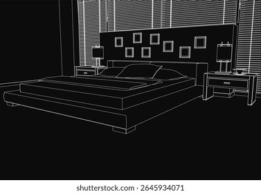 A black and white sketch of a cozy bedroom featuring a neatly made bed with plush pillows, stylish lamps on side tables, framed photos on the wall, and partially open window blinds.
