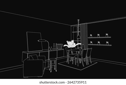A black and white sketch of a cozy dining room featuring a wooden table surrounded by chairs, a sofa, and a stool. A lamp, bottles, and decorative items adorn the table, while shelves with various.