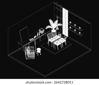 A black and white sketch of a cozy dining room features a wooden table surrounded by chairs, adorned with bottles and decorative objects. A lush plant and flowing curtain add warmth to the minimalist.