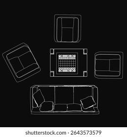 A black and white sketch of a cozy living room featuring a couch with plush pillows and a wooden table, set against a dark background. A chessboard rests on the table, adding a strategic touch to the.