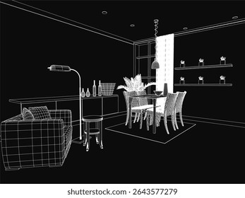A black and white sketch of a cozy living room featuring a sofa with decorative pillows, a wooden table holding a flower vase, bottles, and a lamp. Shelves display various objects while chairs.