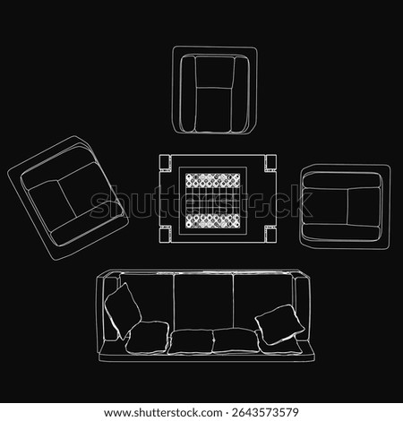 A black and white sketch of a cozy living room featuring a couch with plush pillows and a wooden table, set against a dark background. A chessboard rests on the table, adding a strategic touch to the.