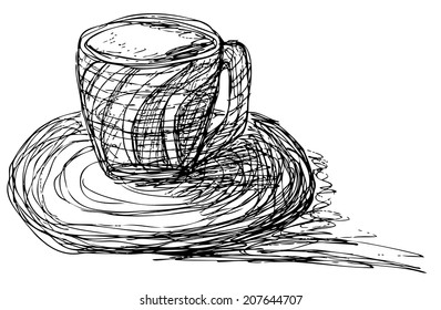 A black and white sketch of a cup, on white background