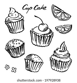 Black and white sketch cupcake set 