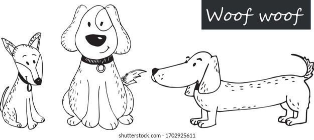 Black and white sketch of cute dogs in collars on a white background