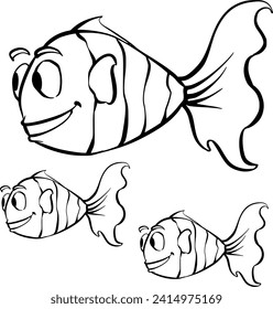black and white sketch, cute fish drawing in cartoon style, suitable for children.