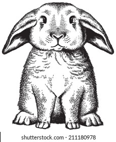 Black and white sketch of a cute rabbit sitting on its back legs. Vector Illustration.