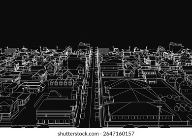 Um esboço preto e branco de uma paisagem urbana densa com edifícios altos, veículos dispersos e polos de utilidade sob um céu escuro e temperamental. A intrincada linha de trabalho cria uma atmosfera urbana misteriosa