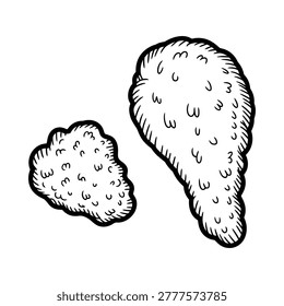 Black and white sketch depicting a fried chicken drumstick and a smaller nugget.