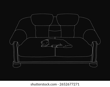 A black and white sketch depicts a cozy couch with a sleeping cat curled up peacefully. The minimalist line art captures the feline's relaxed posture and soft fur details.