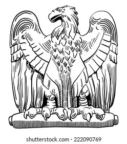 black and white sketch digital drawing of heraldic sculpture eagle in Rome, Italy, vector illustration