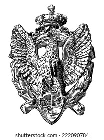 black and white sketch digital drawing of heraldic sculpture eagle in Rome, Italy, vector illustration