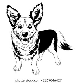 Black and white sketch of dog Welsh Corgi breed staying and smiling