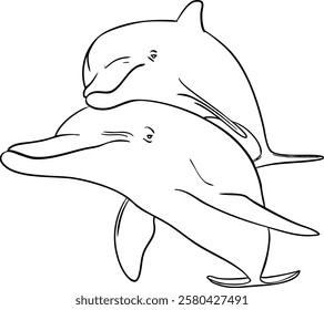 Black and white sketch of dolphins. Vector illustration.