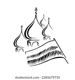 Black and white sketch of the domes of the Orthodox church and flag with three horizontal stripes
