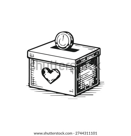 A black and white sketch of a donation box with a heart. A coin is being inserted, symbolizing charity, kindness, and making a difference.