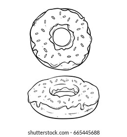 black and white sketch donuts set with sprinkles on white background