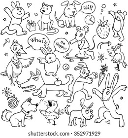 Black and White Sketch in Doodle Style. Funny Doodle Animals on White. Vector Illustration for Cover Design.