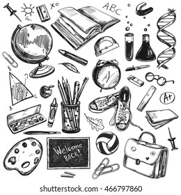 Black and white sketch doodles back to school background with isolated hand drawn icons vector illustration