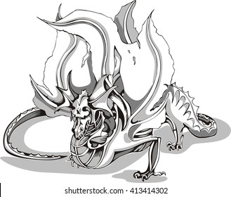 Black and white sketch of a dragon. Vector illustration.