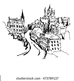 black and white sketch drawing of Andrew's descent - one of the most popular places in Kyiv Ukraine, vector illustration
