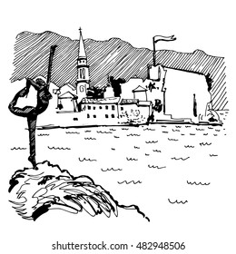 black and white sketch drawing of Budva Montenegro top view with famous skulpture and old town tower, vintage touristic postcard, travel vector illustration