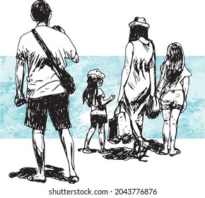 croquis noir et blanc d'une famille de quatre personnes, mère, père et deux petites filles, vus de leur dos, isolés sur fond grunge bleu vert
