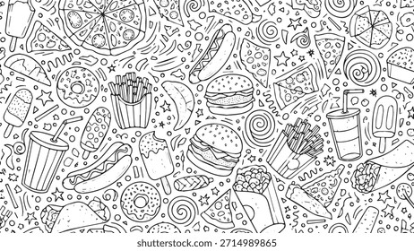 A black and white sketch featuring a collage of popular fast food and sweet treats like burgers, pizza, hot dogs, donuts, and ice cream.