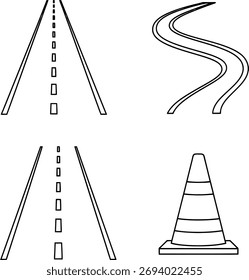 A black and white sketch featuring two straight roads, a winding road, and a traffic cone, representing road infrastructure and safety.