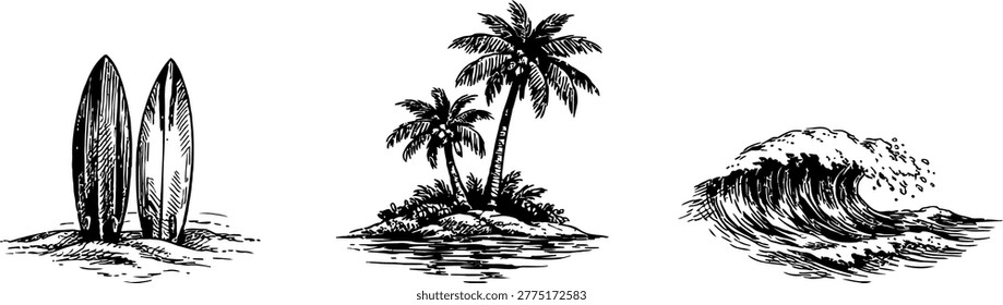 A black and white sketch featuring two surfboards on sand, a small island with palm trees, and a crashing ocean wave.