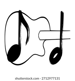 Schwarz-weiße Skizze mit einer Ukulele kombiniert mit einem musikalischen Notensymbol.