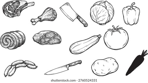 A black and white sketch featuring a variety of raw meats like steak, drumstick, sausages, and rolled meat, alongside fresh vegetables including cabbage, tomato, zucchini, bell pepper, potato, and carrot. Ideal for culinary, grocery, or restaurant concepts.