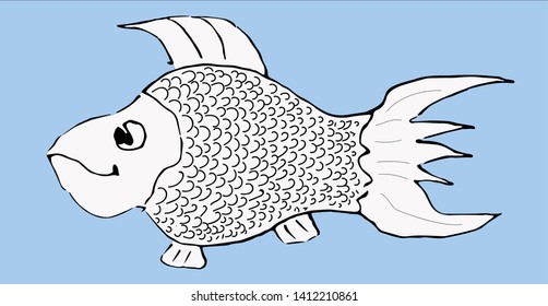 Black and white sketch of a fish on a blue background. Site about fish, humor, graphics. Vector illustration.