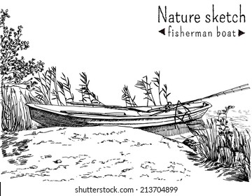 Black and white sketch of fisherman boat at a shoe of lake or river, with fishing roods in it. Trees and grass growing on the lakeside with reeds. Vector illustration.