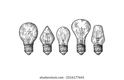 A black and white sketch of five light bulbs with different shapes, drawn in a vintage style.