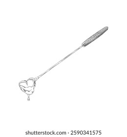 Black and white sketch of fondue fork with marshmallow dipped in hot chocolate or cheese. Vintage engraved hand drawn style. Sweet dessert. Isolated background. Vector illustration.