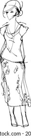 a black and white sketch of a girl in a beautiful dress 