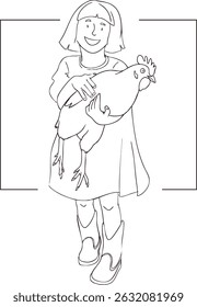 Black and white sketch of girl holding a chicken in her hands. Vector illustration.