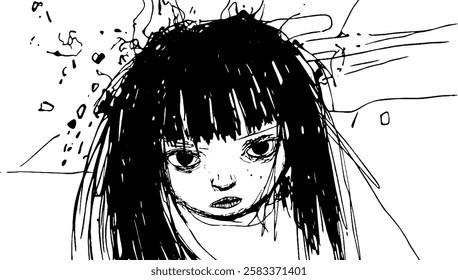 A black and white sketch of a girl with long, messy hair and an intense expression. The background features abstract shapes and lines, suggesting movement or chaos.