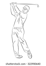 black and white sketch golfer, white background , isolated illustration