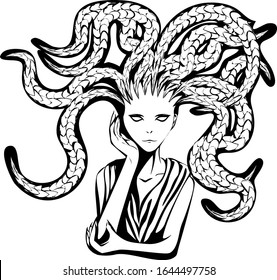black and white sketch of greek mythological character Medusa with her hand on chin