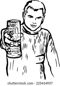 black and white sketch of a guy with a glass of beer 