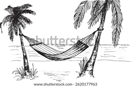 Black and white sketch of a hammock strung between palm trees on a tranquil beach. Hand-drawn line art illustration.