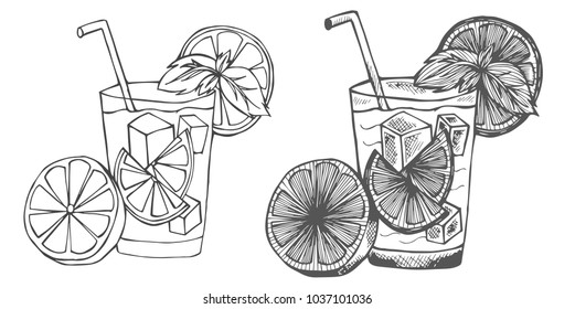 Black and White Sketch Hand Drawing Caipirinha Cocktail Alcohol Drinks Bar Beverage with Ice and Lime for Summer and Party. Graphic Design Resources Vector Illustration Detailed Sketch. 